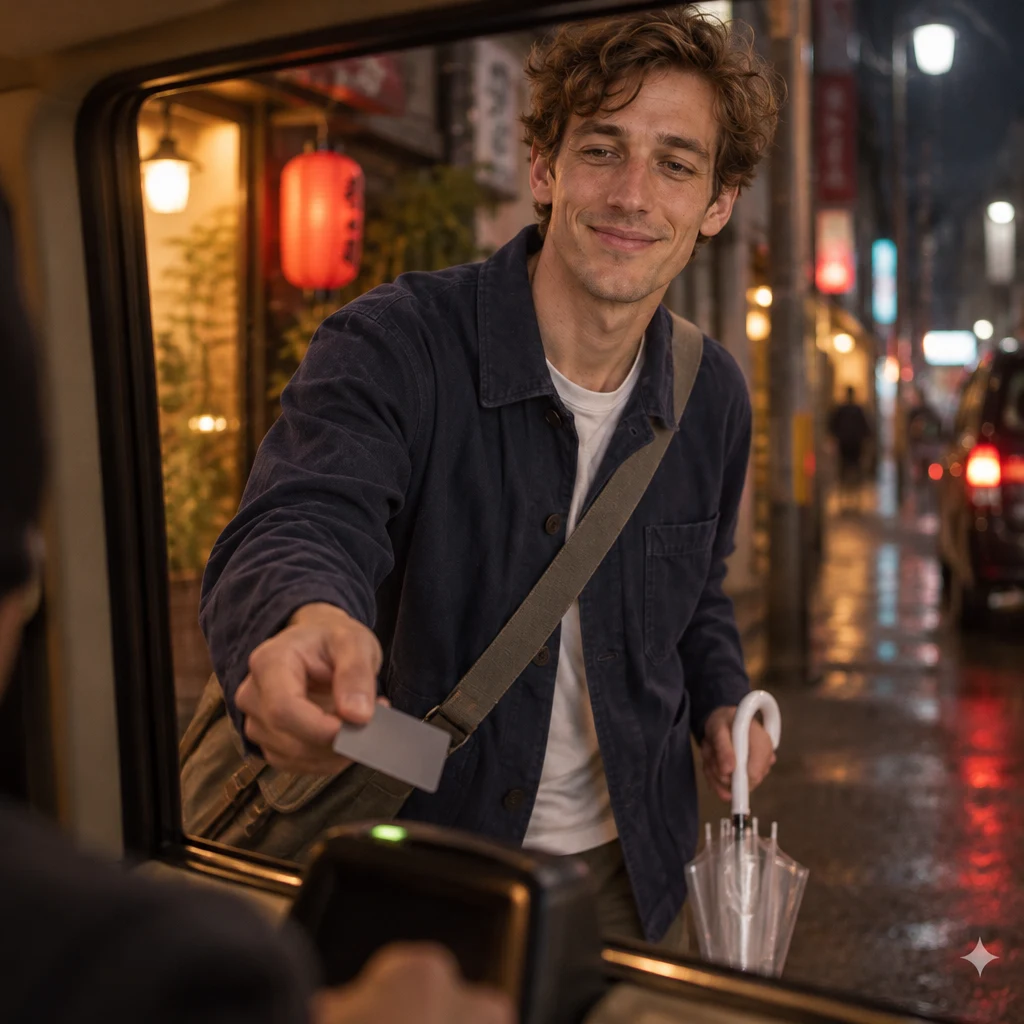 Leo holds out a payment card at the taxi's front window.