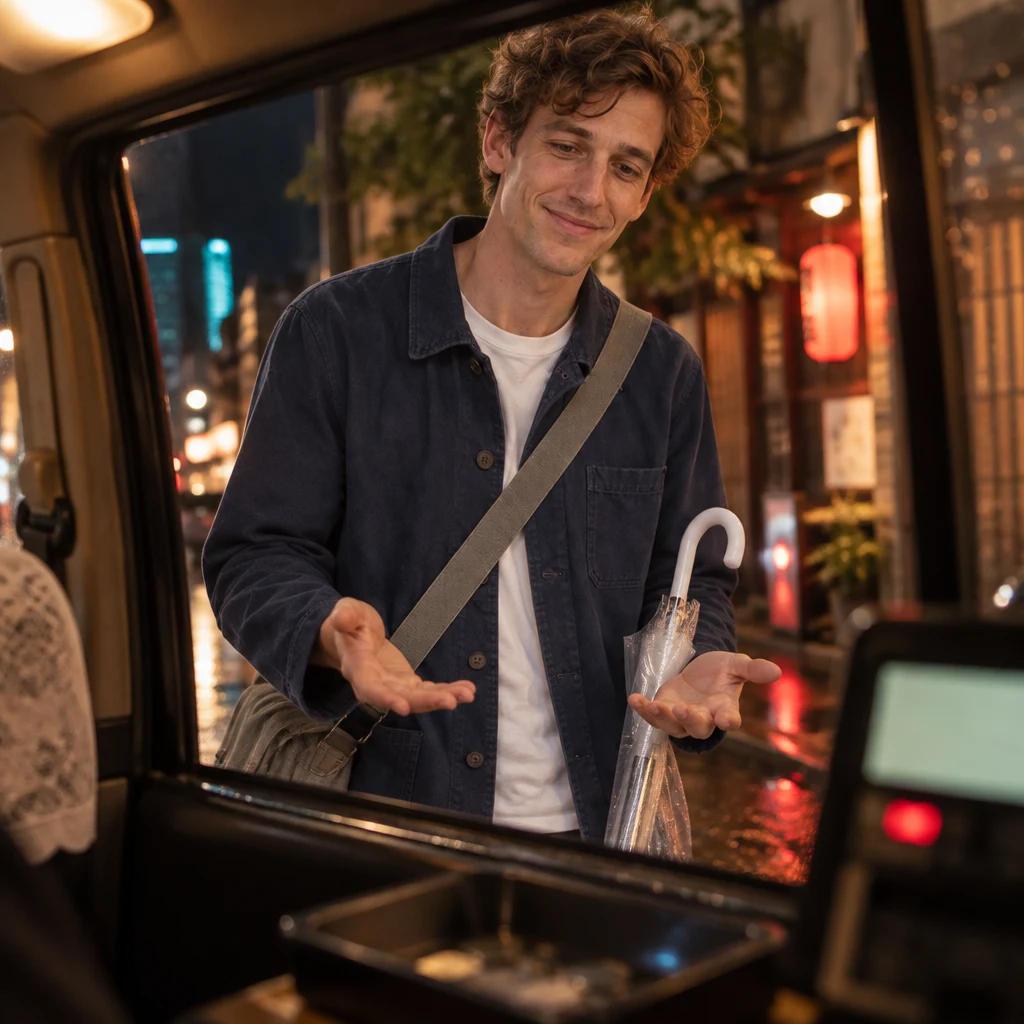 Leo opens both hands in a confirming gesture beside the fare tray.