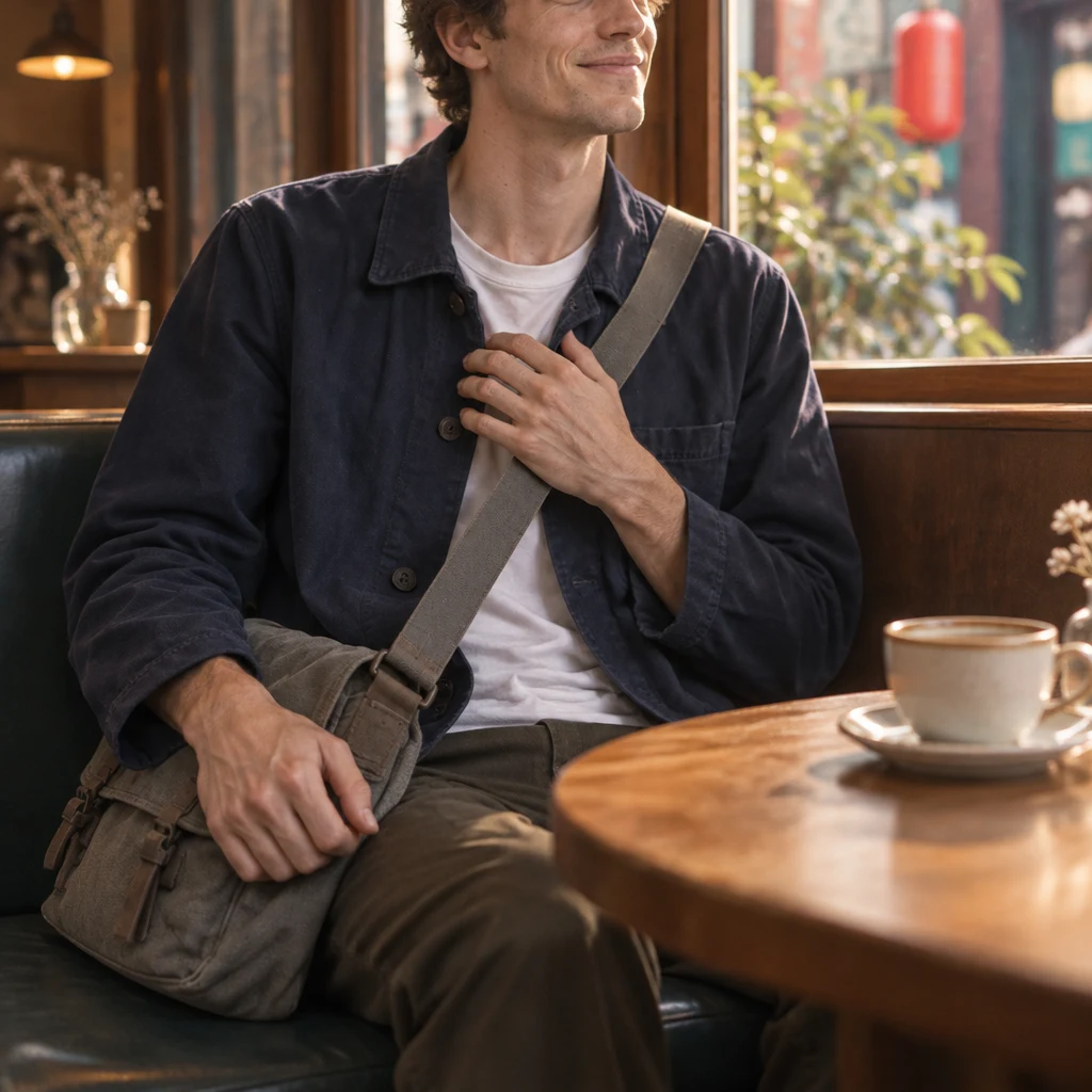 Leo stands beside the booth with one hand at his chest and his bag resting against his leg.
