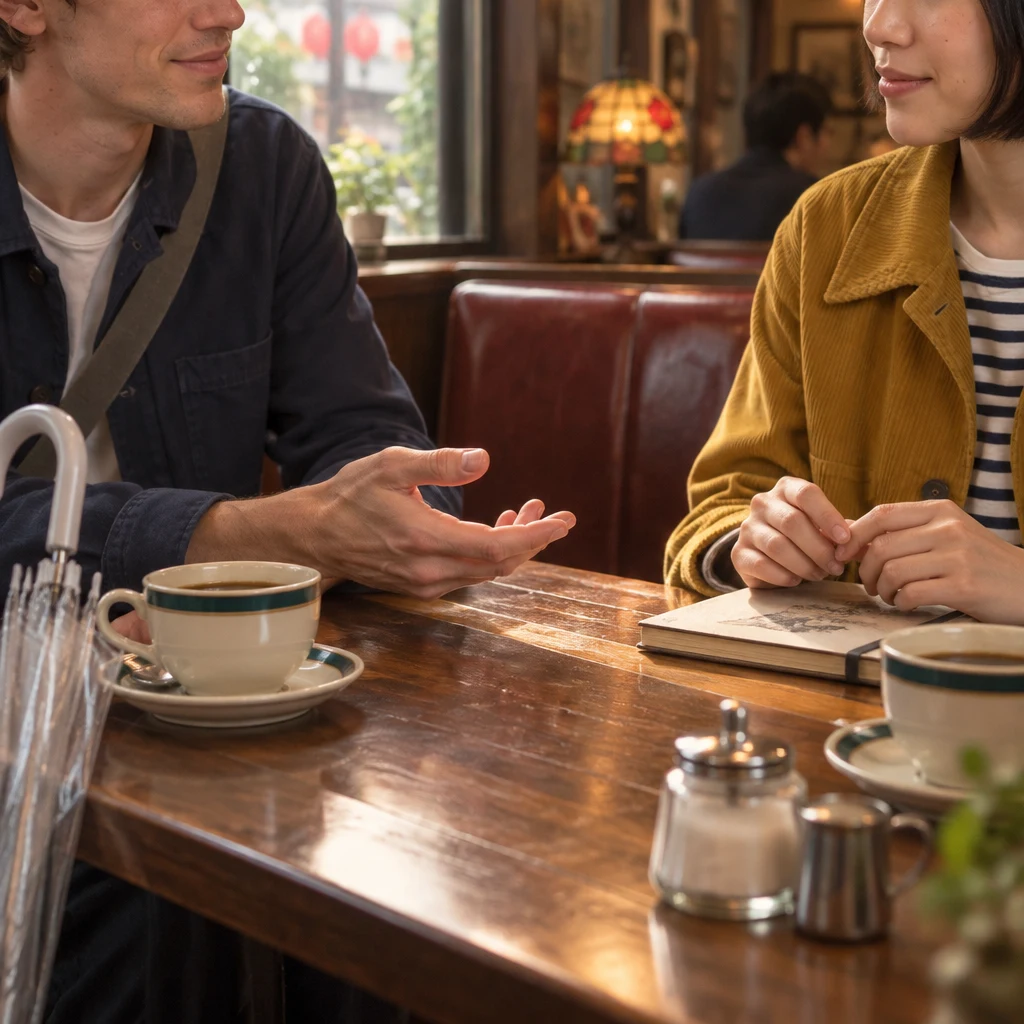 Leo opens a hand toward Haruka as they consider what to do together.
