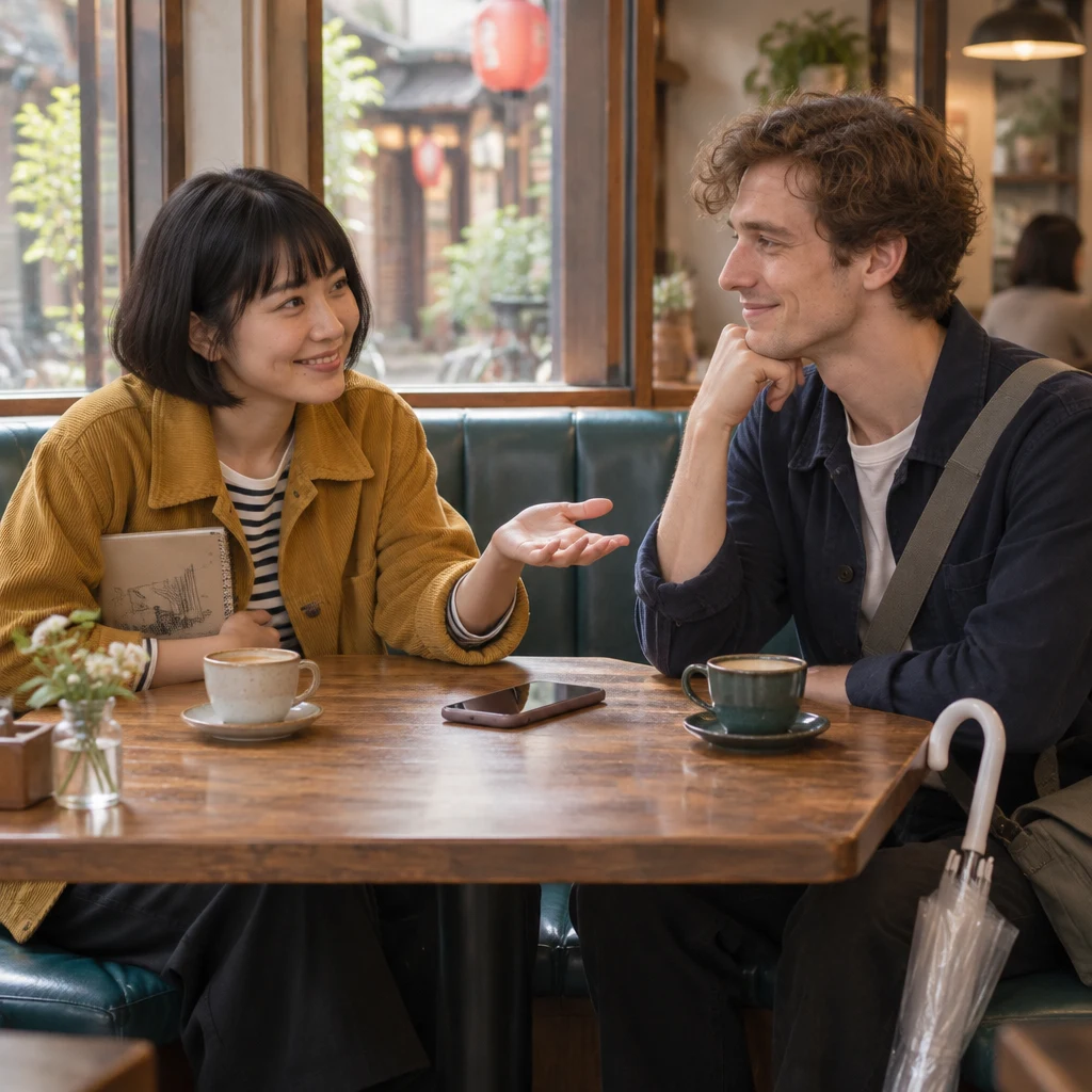 Haruka leans toward Leo with an open hand as they begin choosing a meeting place.