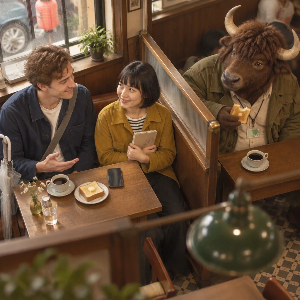 Leo gestures toward Haruka as Goro leans over from the next booth and nods with toast in hand.