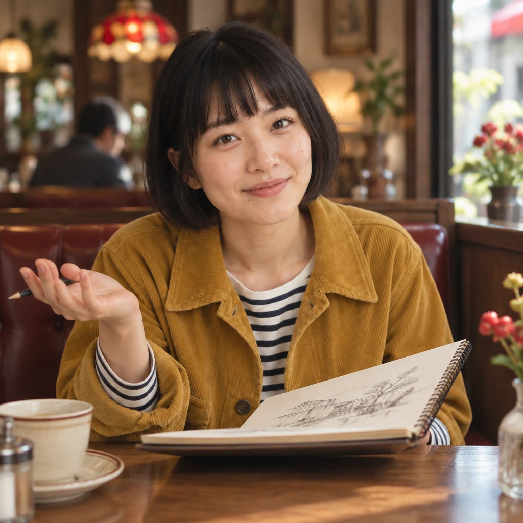 Haruka looks up from her sketchbook with an attentive, open-handed gesture.