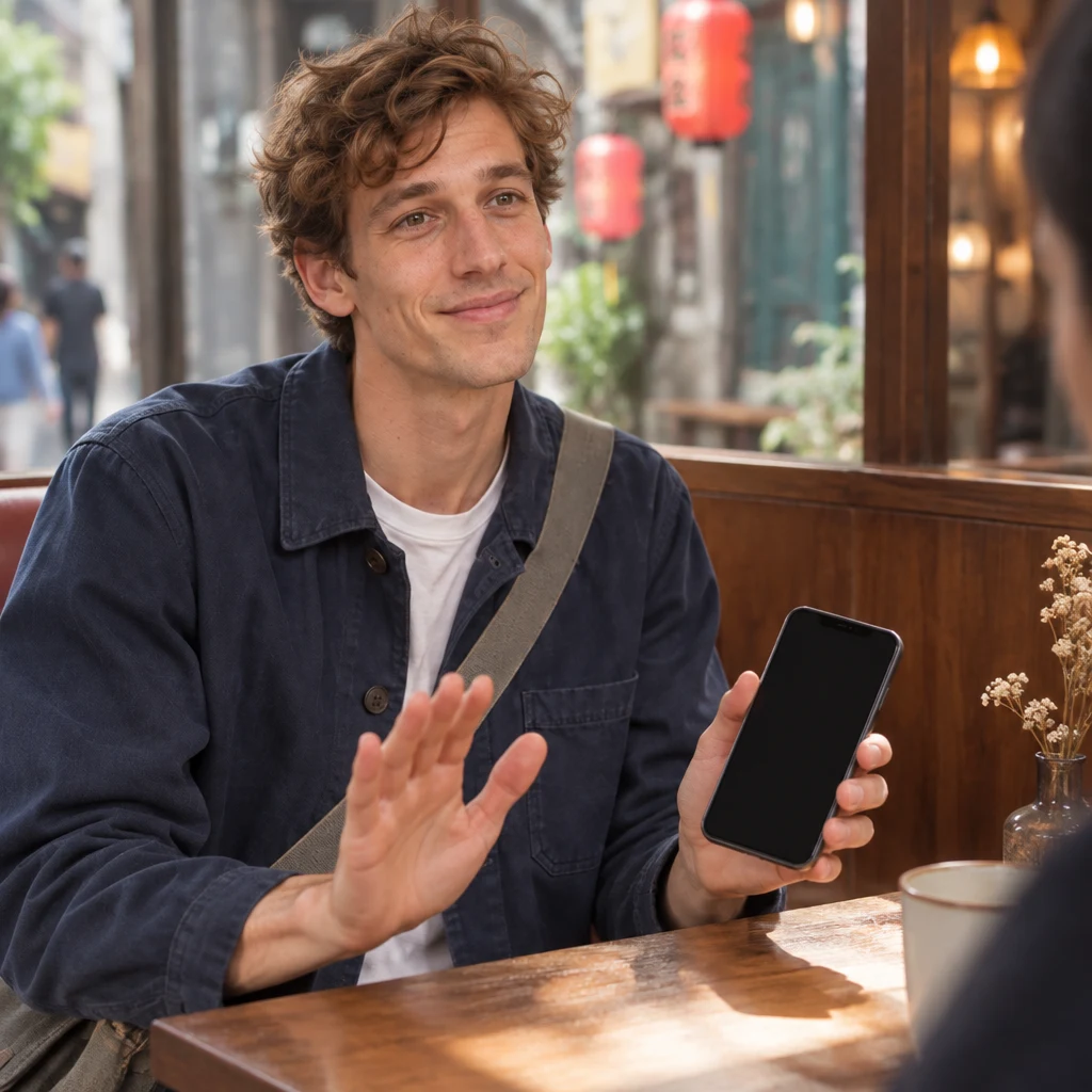Leo checks his phone and makes a small apologetic wave-off beside the booth.