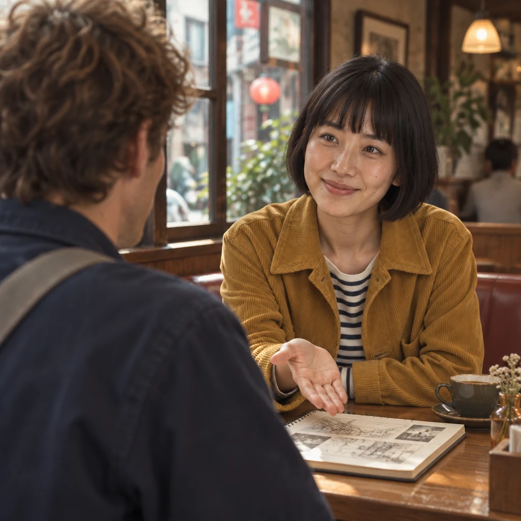 Haruka leans across the booth table and offers another option with an open hand.