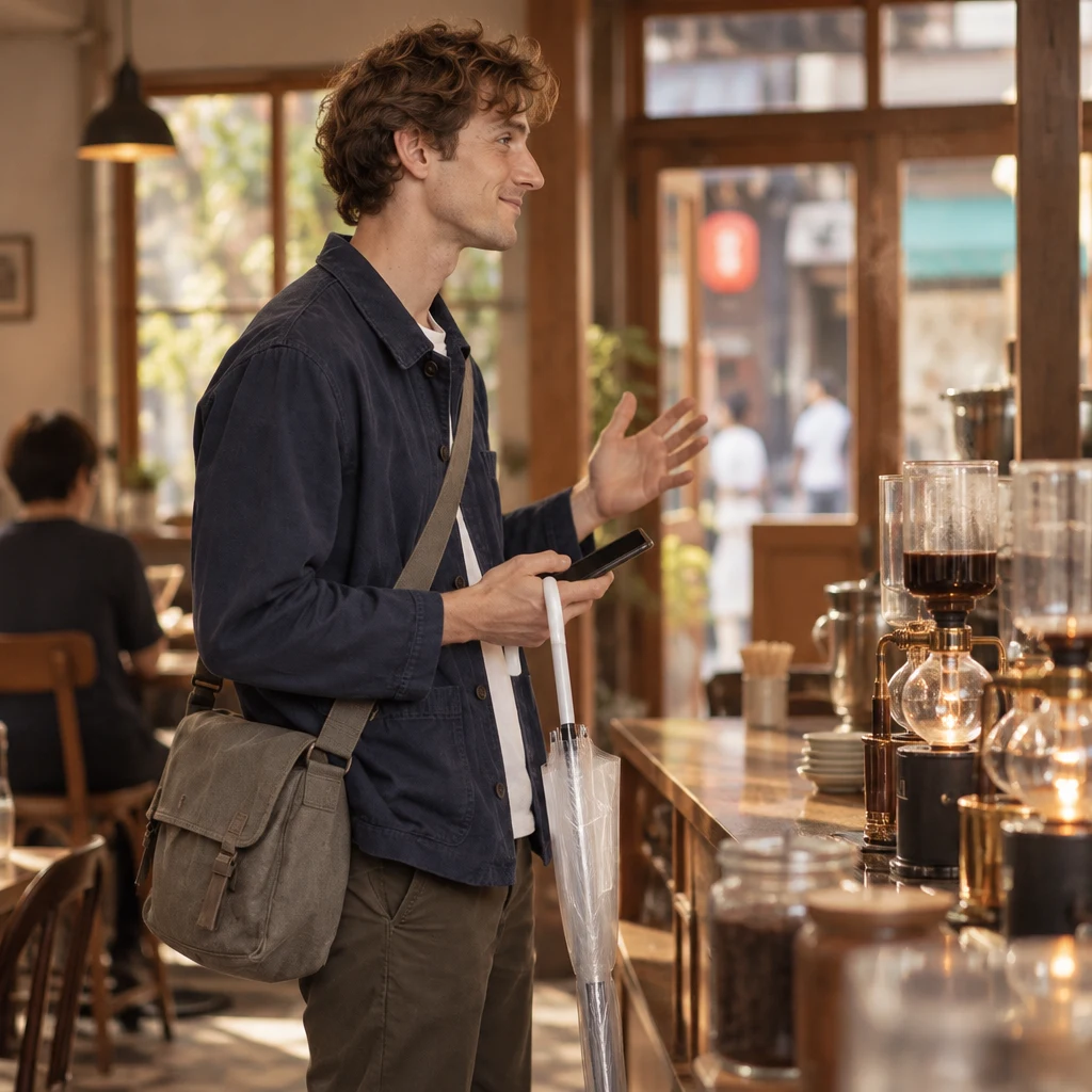 Leo checks his phone by the coffee counter and glances toward the entrance as if he may be late.