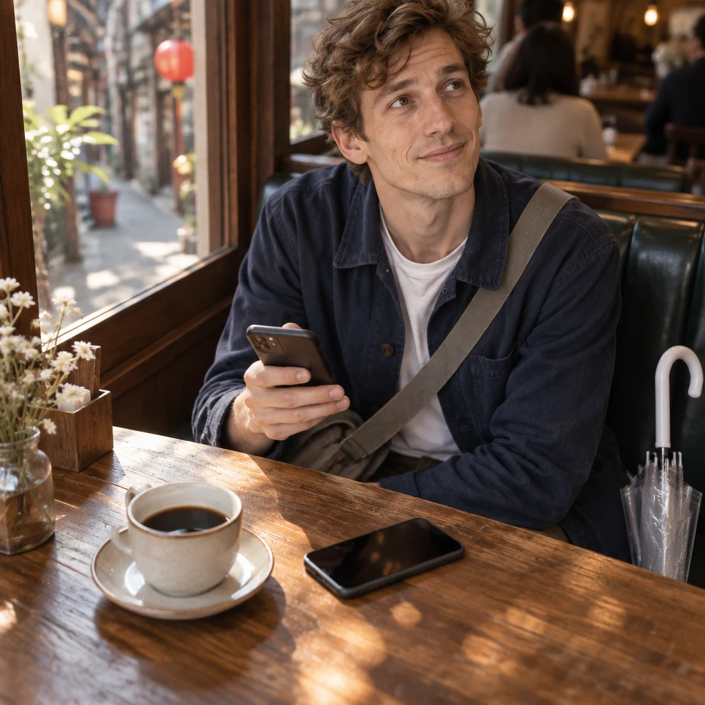 Leo checks his phone again beside an untouched cup and recognizes that he mixed up the time.