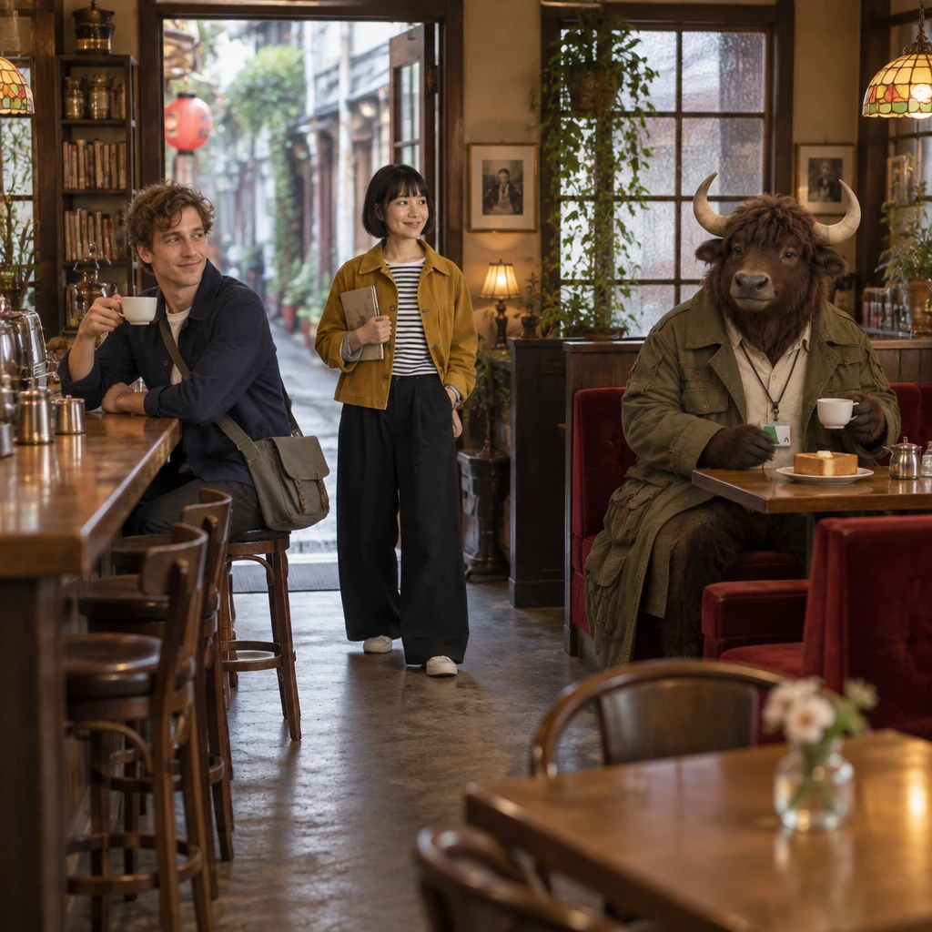 The quiet kissa holds Leo at the counter, Haruka entering with her sketchbook, and Goro in the corner booth beside his untouched toast and coffee.