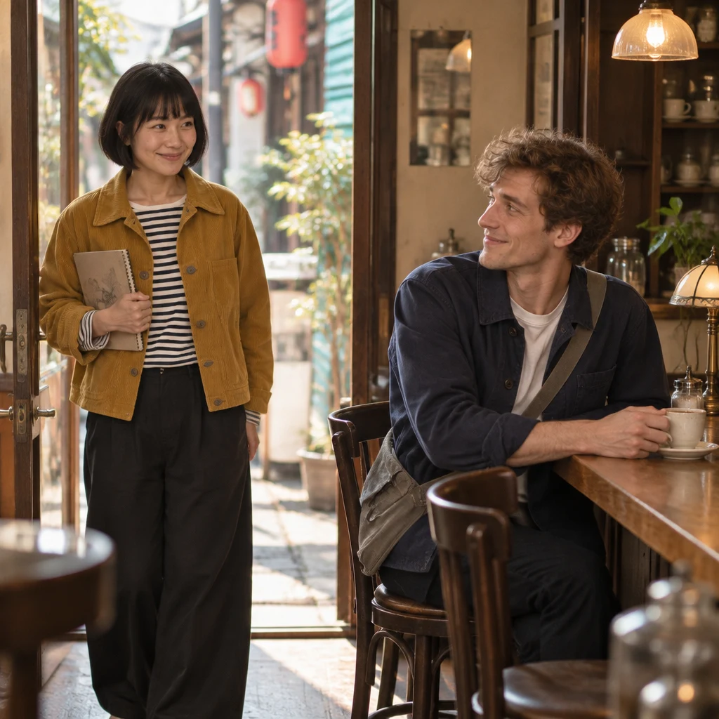 Haruka pauses inside the doorway and looks toward Leo at the counter as she asks about his weekend plans.