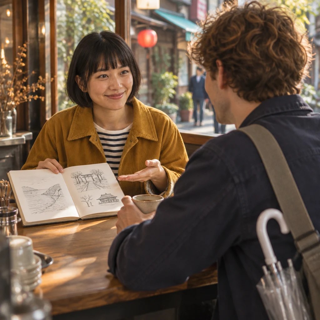 Haruka gestures toward her sketchbook as she tells Leo she plans to visit Yanaka Ginza.