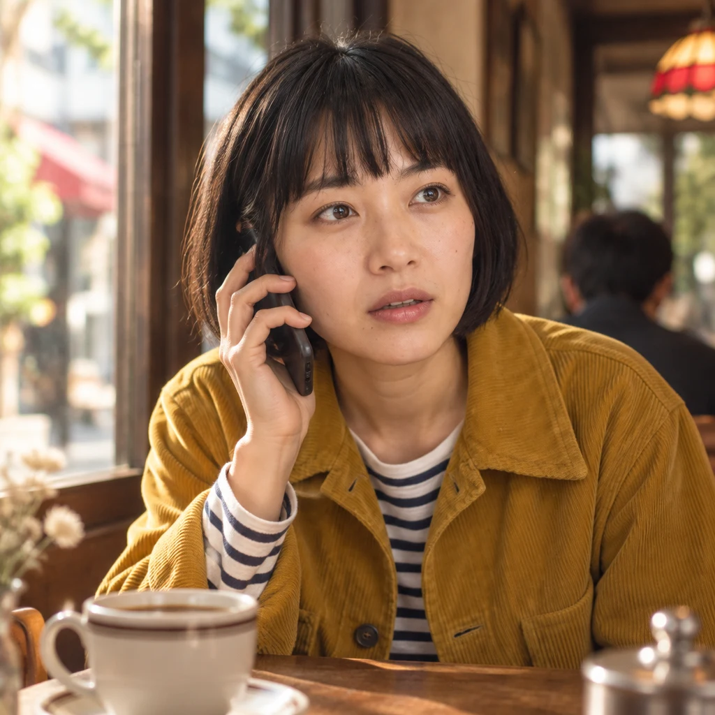 Haruka leans toward her phone and listens carefully through the weak connection.