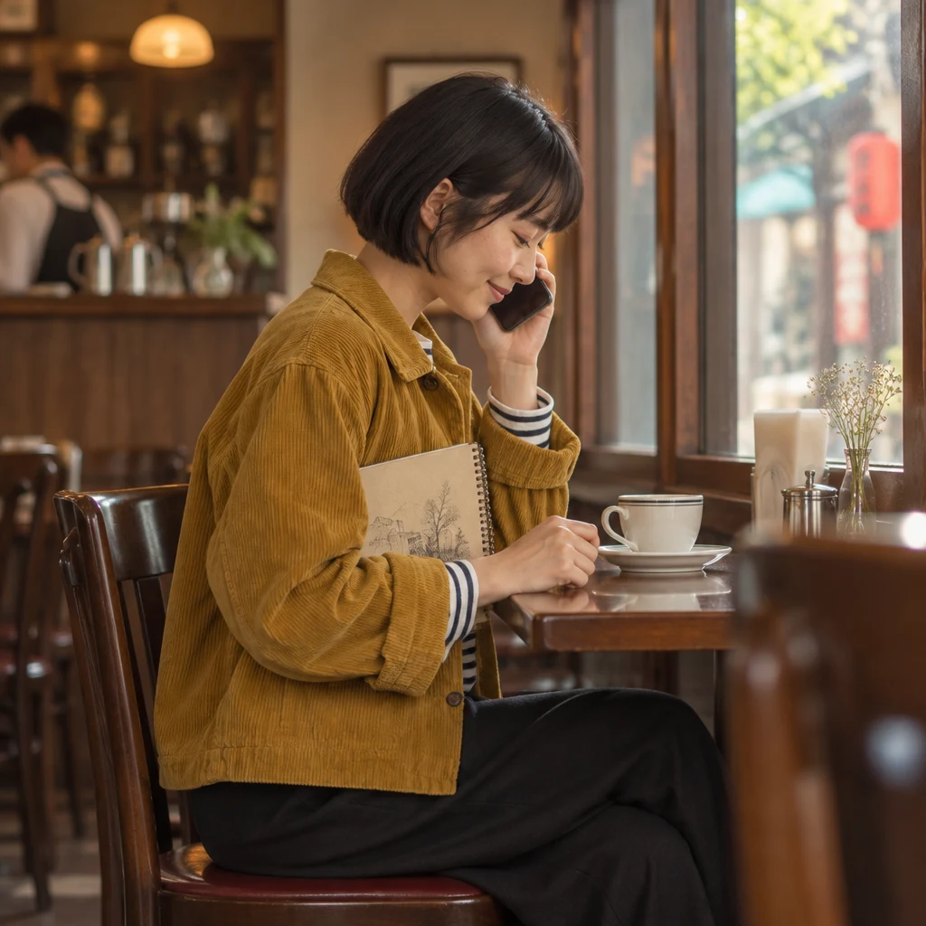 Haruka keeps the phone to her ear and dips her head apologetically at the kissaten table.