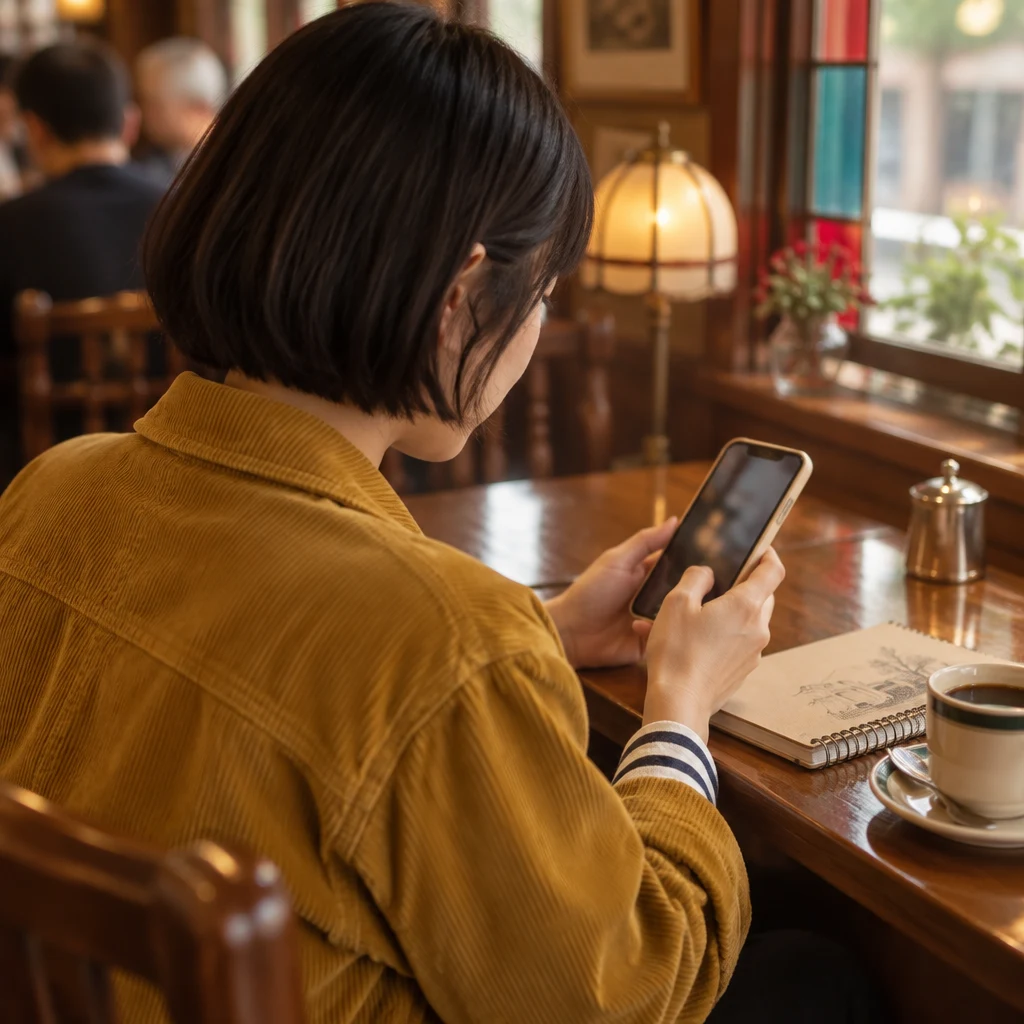 Haruka looks down at her phone after checking the message at the kissaten table.
