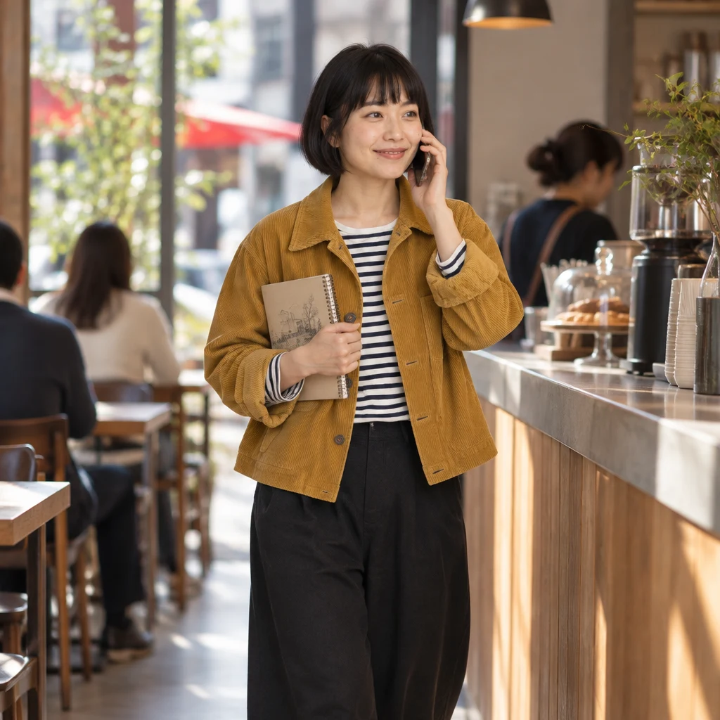 Haruka pauses beside the kissaten counter with her phone to her ear and one hand raised as she discusses their plans.