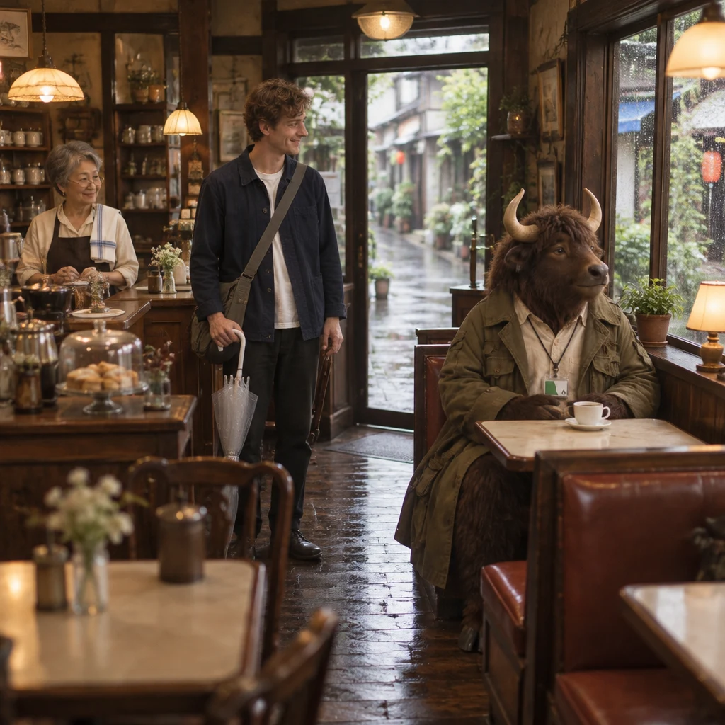 Leo stands beside the booth with his bag while Masako watches from the counter and Goro occupies two seats beside his untouched coffee.