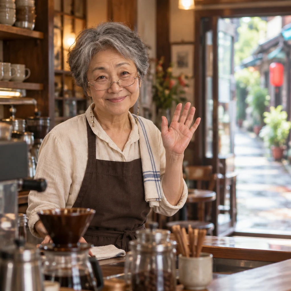 Masako lifts a small farewell wave from the counter toward the doorway.