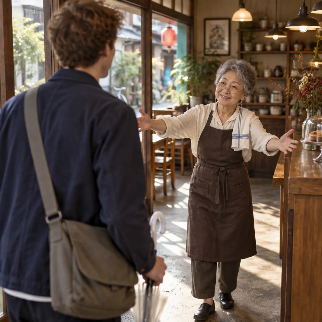 Masako welcomes Leo from the counter as he stands just inside the doorway.