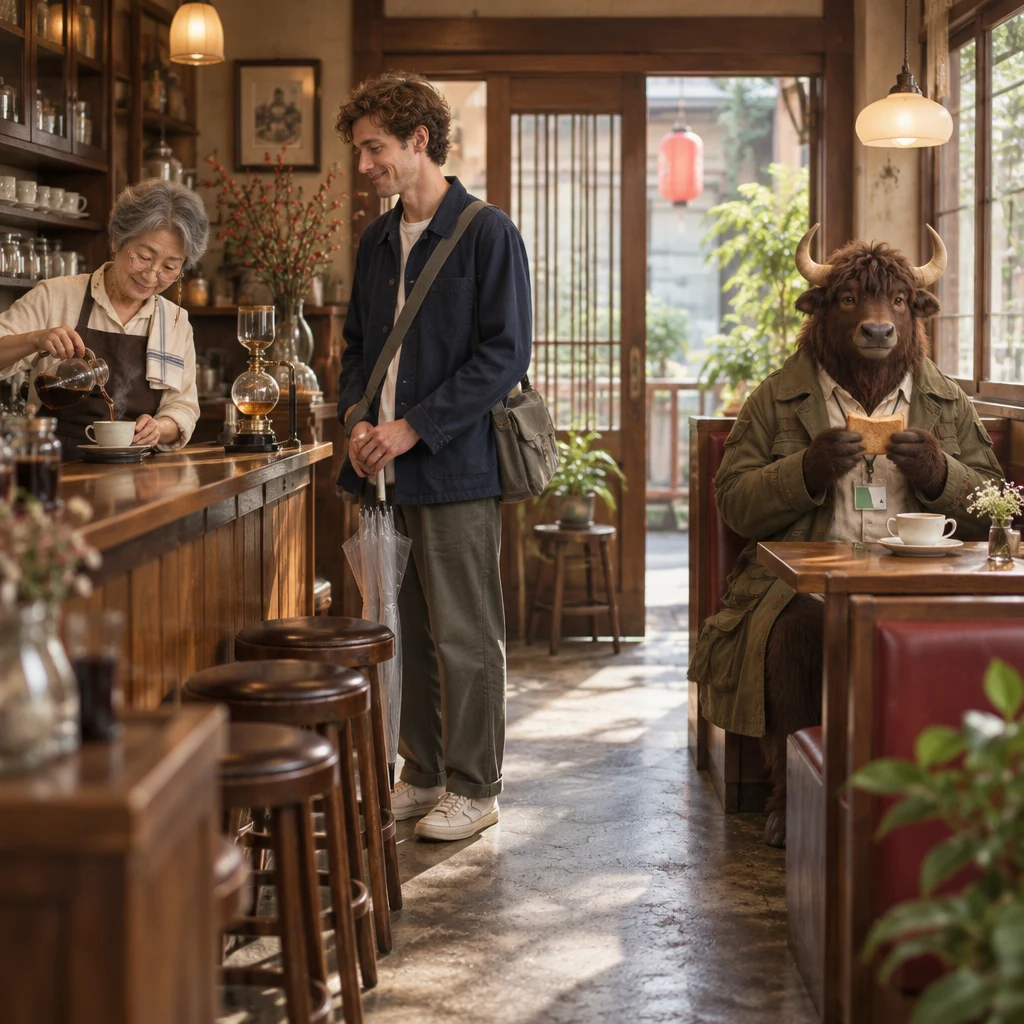 Masako pours coffee while Leo waits at the counter and Goro eats toast in the corner booth.