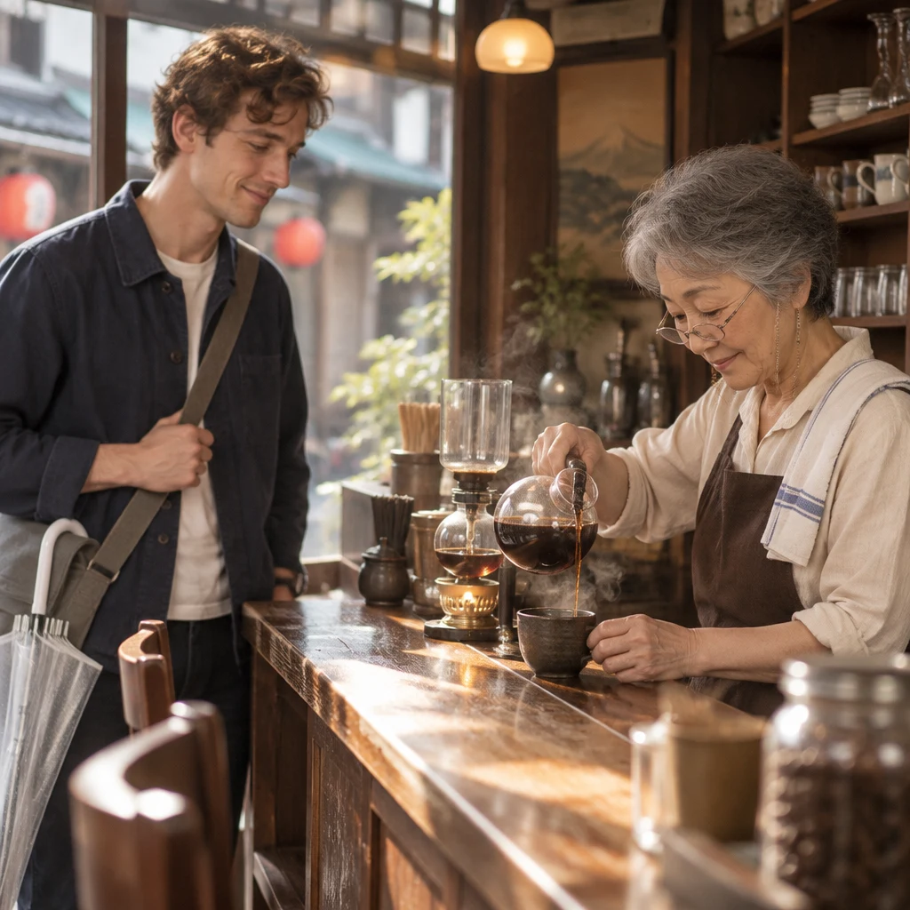 Leo waits beside the counter for a pause in Masako’s coffee pour.