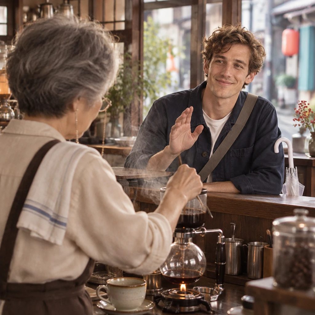 Leo lifts a hand slightly to catch Masako’s attention as she tends the siphon.
