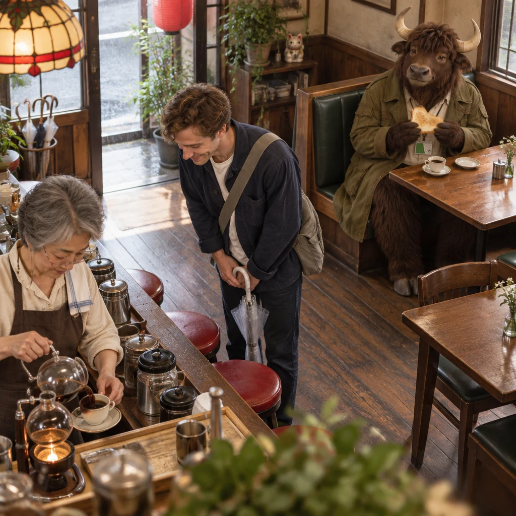Leo makes a small polite bow while Masako continues pouring and Goro watches from the booth.
