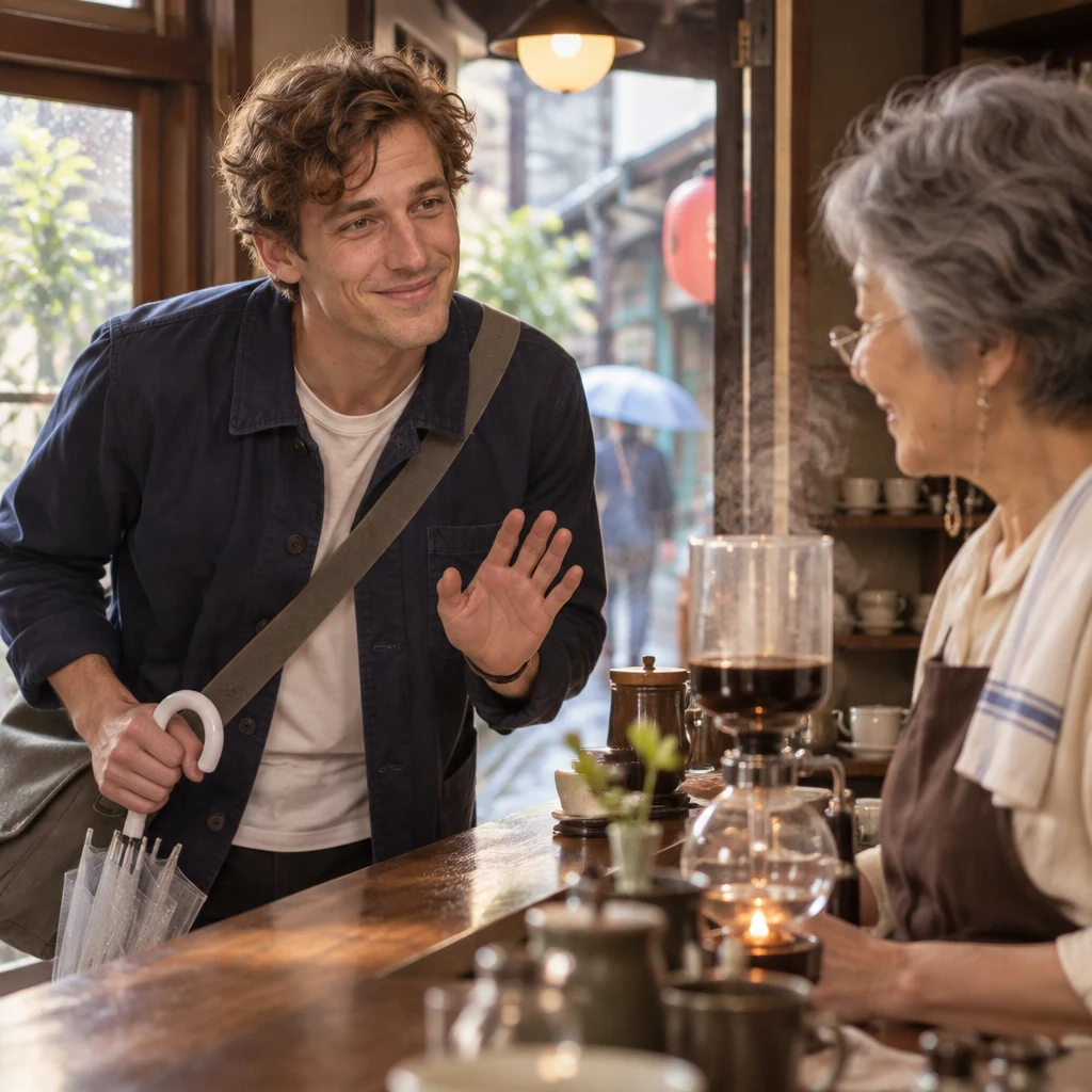 Leo leans in politely at the counter to ask whether now is a good time.