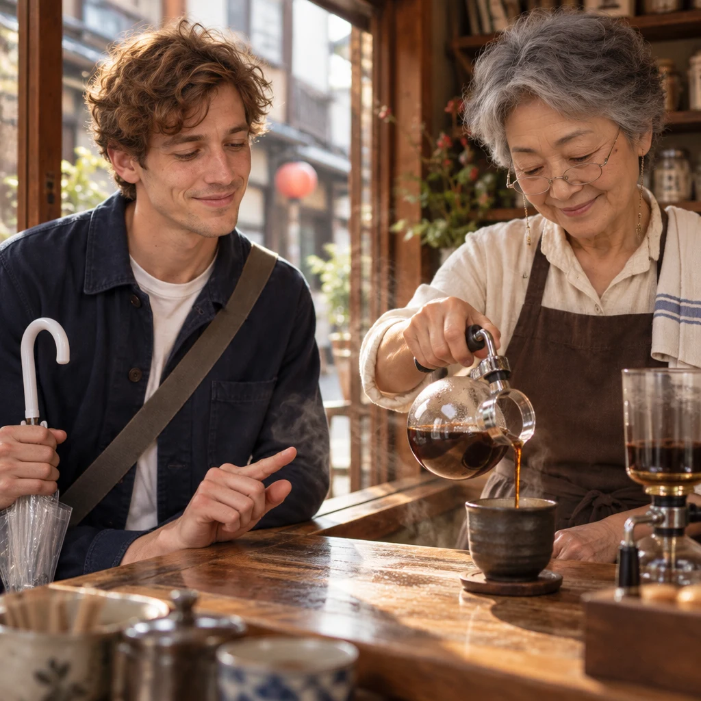 Leo signals for a brief pause beside Masako’s ongoing coffee pour.