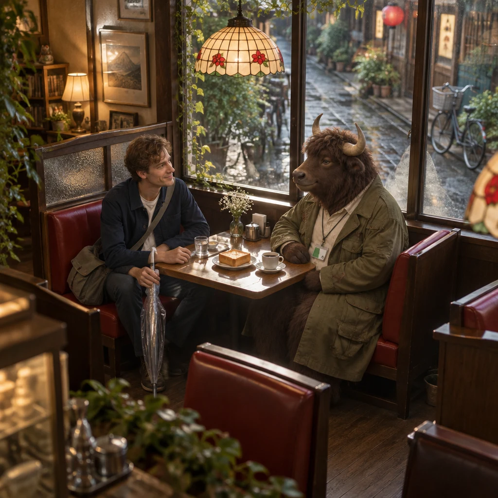 Leo and Goro sit across from each other in the quiet corner booth, with Goro’s blend coffee untouched beside thick toast.