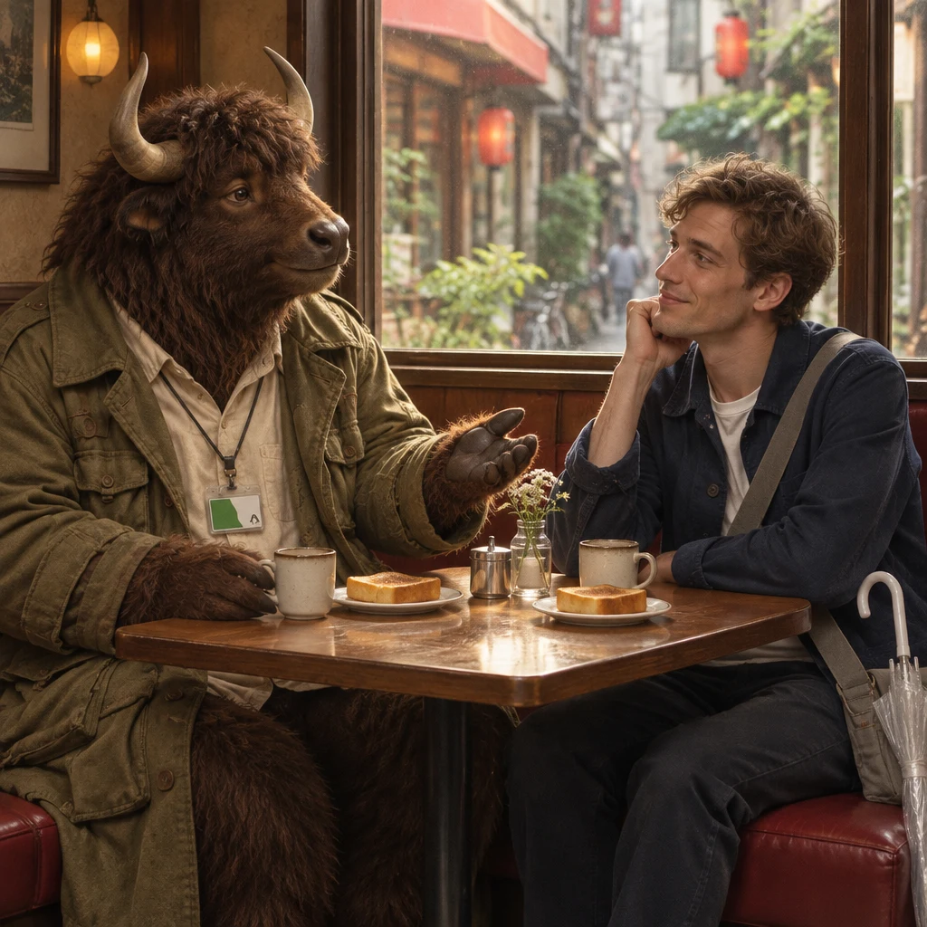 Goro turns from the window toward Leo and makes an open-handed gesture as they consider a meeting place.