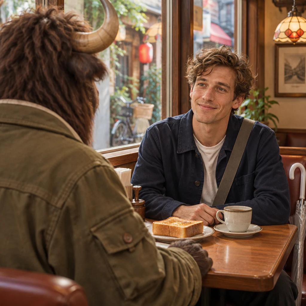 Over Goro’s shoulder, Leo listens attentively as Goro asks about the meeting time.