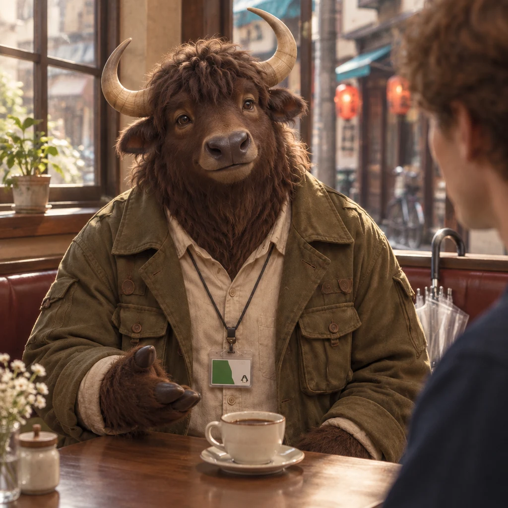 Goro leans toward the table with a thoughtful, proposing gesture beside the untouched coffee.