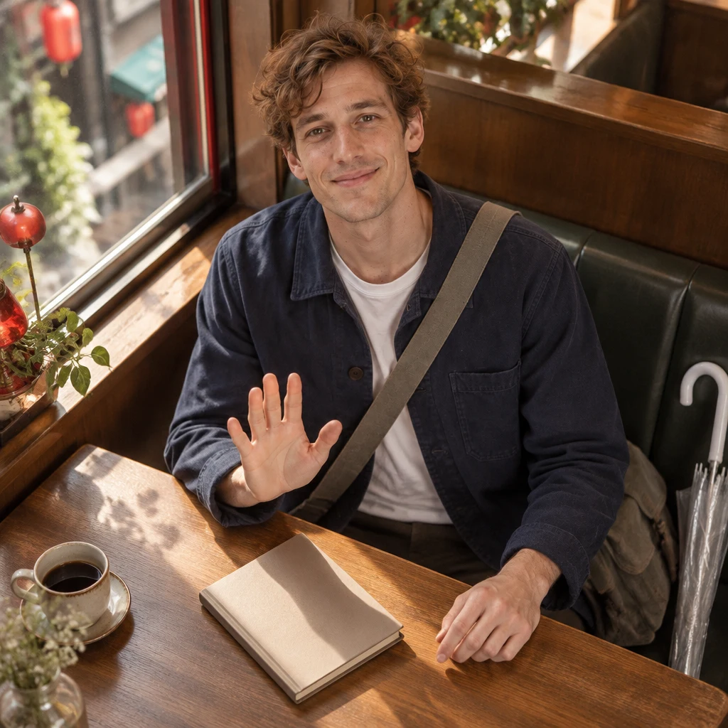 Leo raises one hand in a small pause gesture beside a closed notebook as he explains that he has plans.