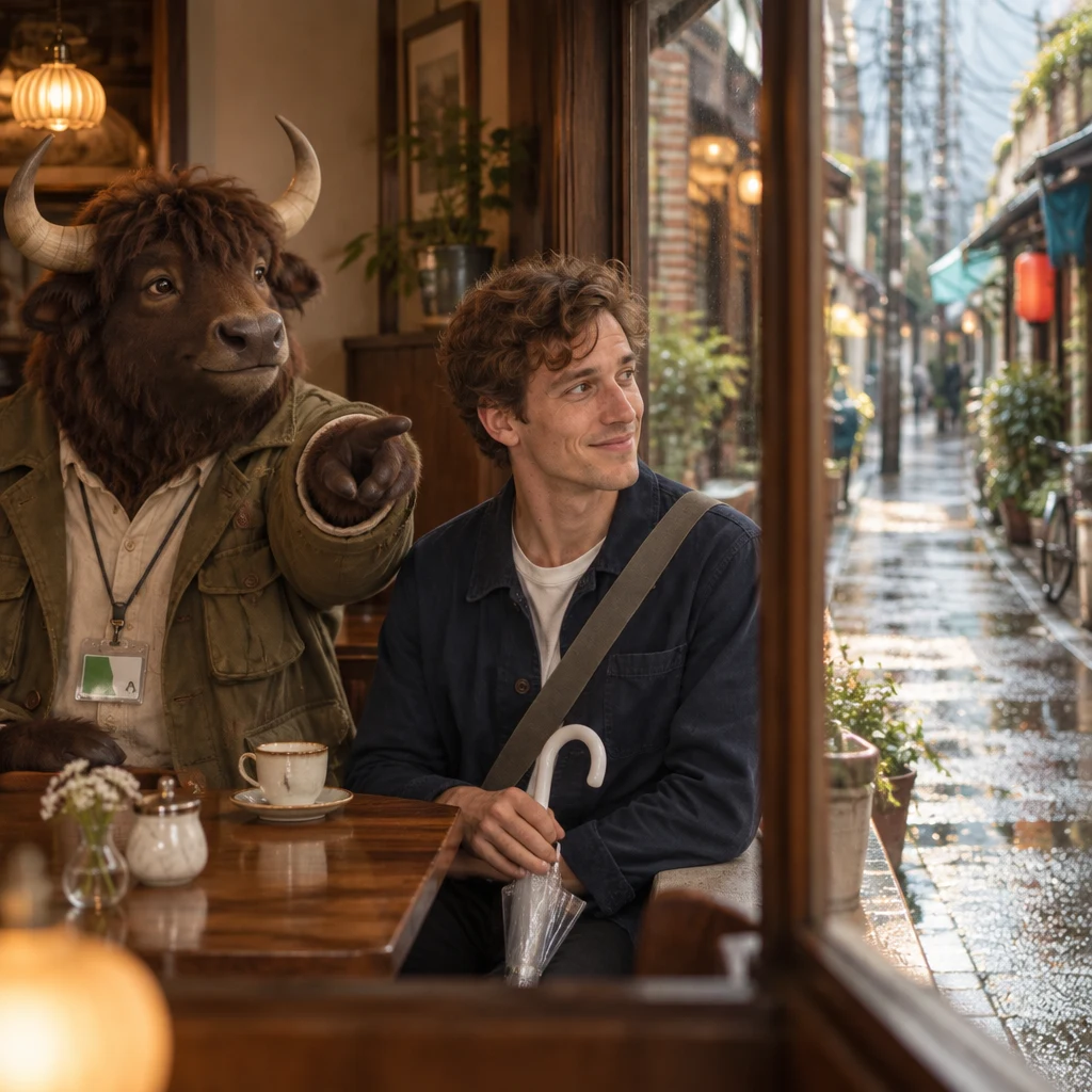 The rain-cleared lane appears through the window as Goro points toward the route to the station and Leo turns to follow the gesture.
