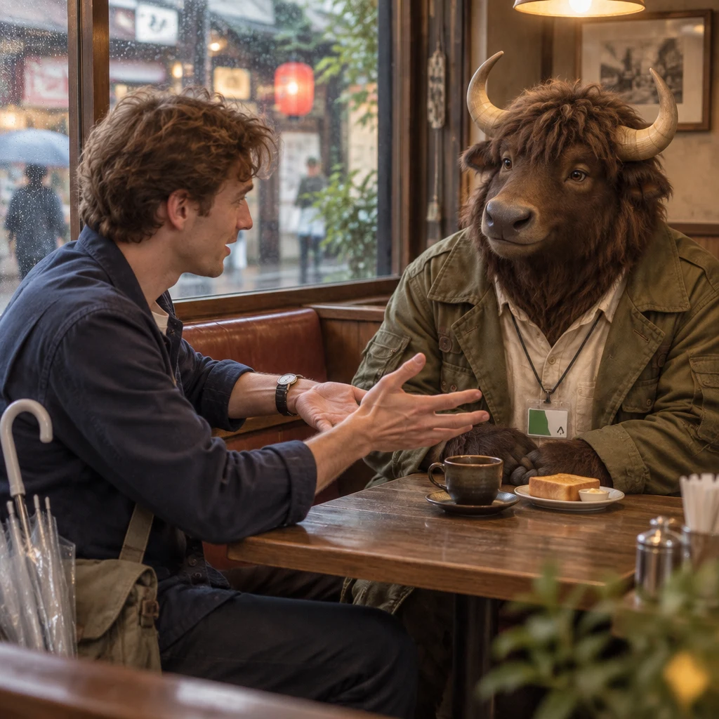 Leo checks his unmarked wristwatch, then leans toward Goro with both palms open to ask about meeting later.