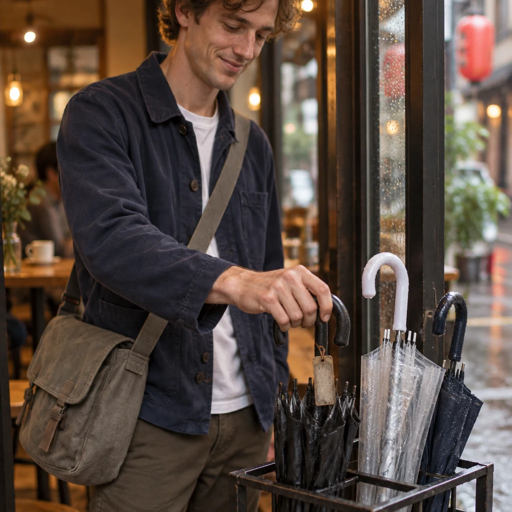 Leo’s hand rests on the old black umbrella in the stand.