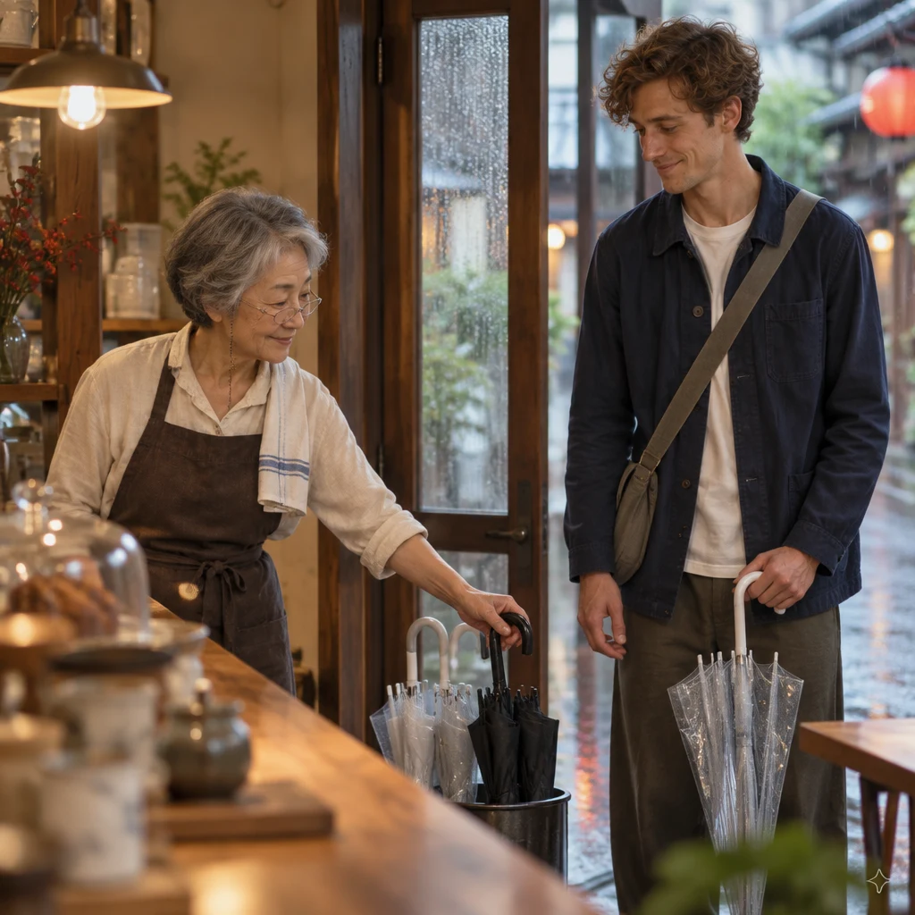 Masako points toward the black umbrella beside Leo.