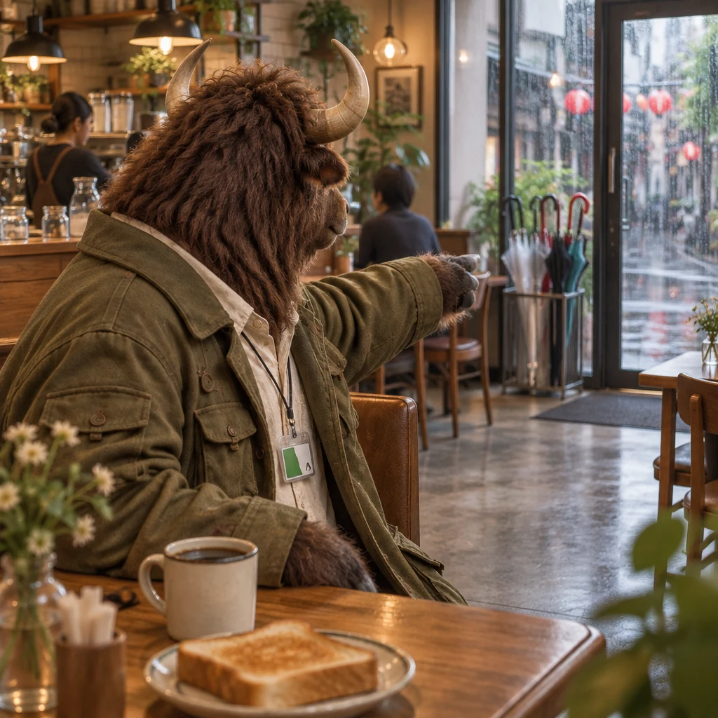 Goro points across the café toward the umbrella stand by the door.