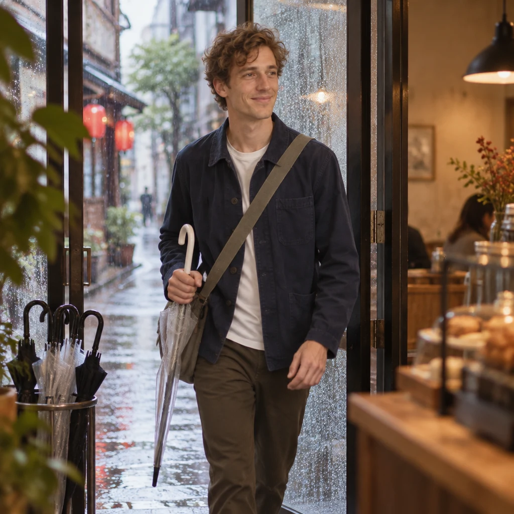 Leo turns into the café with the black umbrella tucked close as he steps inside.