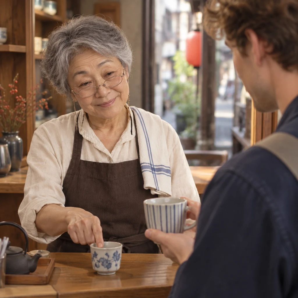 Masako assesses the cup and indicates that it is not quite right.