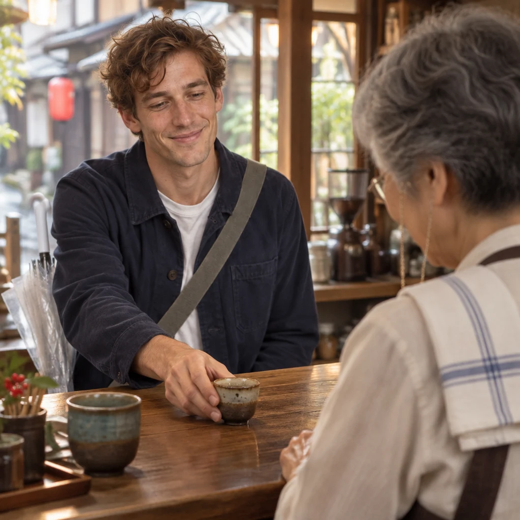 Leo slides the smaller cup forward as his choice and checks it with Masako.