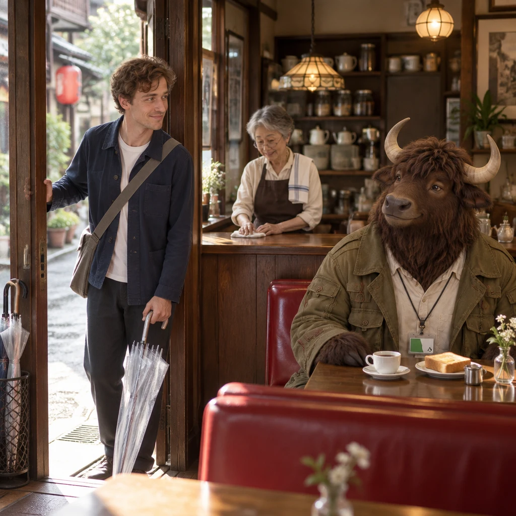 Leo opens the kissa door and looks toward the booths as Masako wipes the counter and Goro occupies two seats.