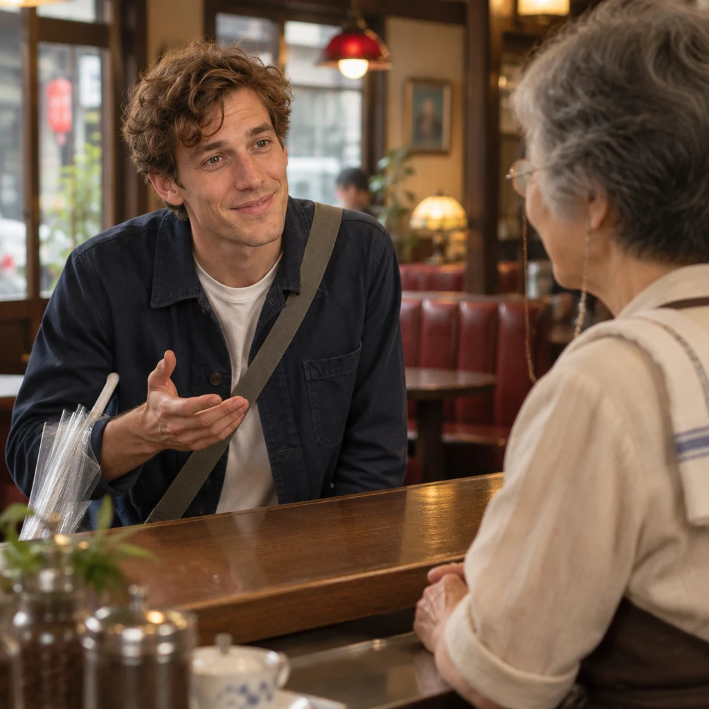 Leo leans toward Masako at the counter to ask about making a reservation.