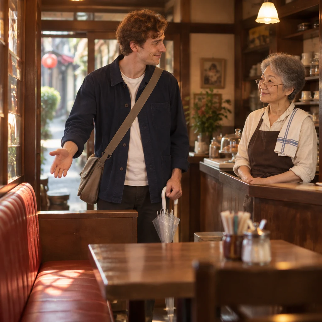 Leo gestures toward an empty stretch of bench as he asks Masako whether there is a table.