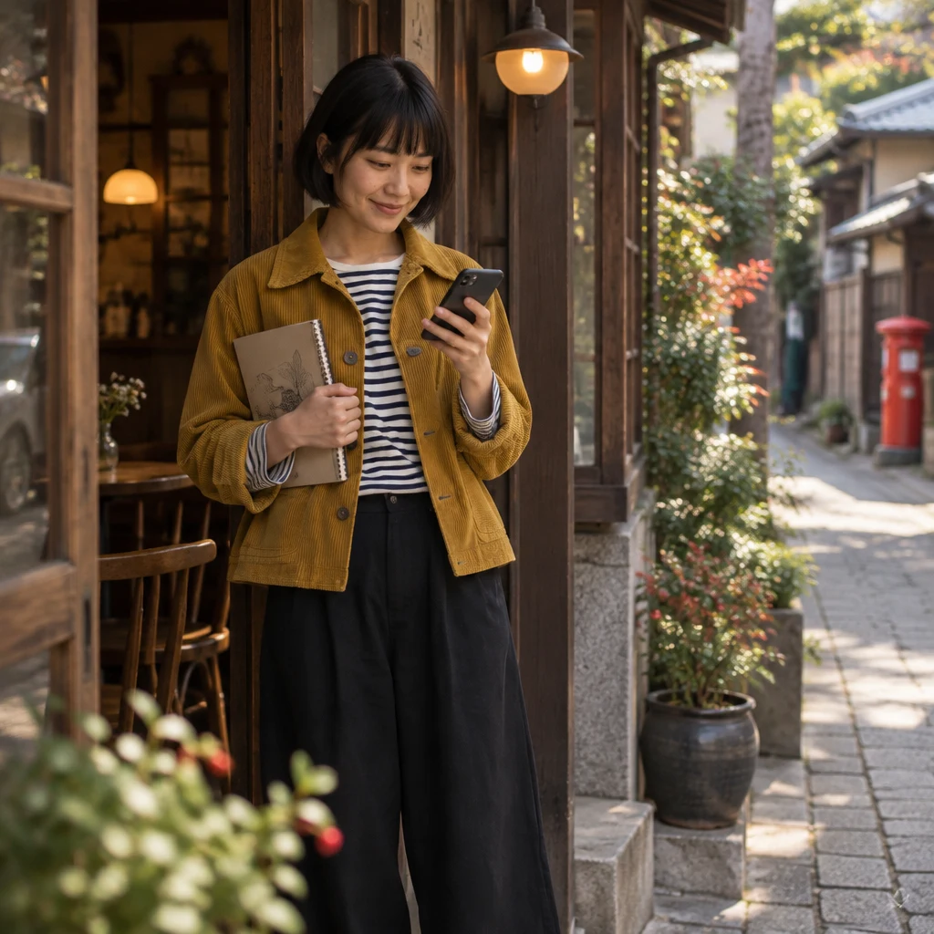 Haruka checks her phone beside Kissa Hotaru before Leo arrives, expecting that a booth has been booked.