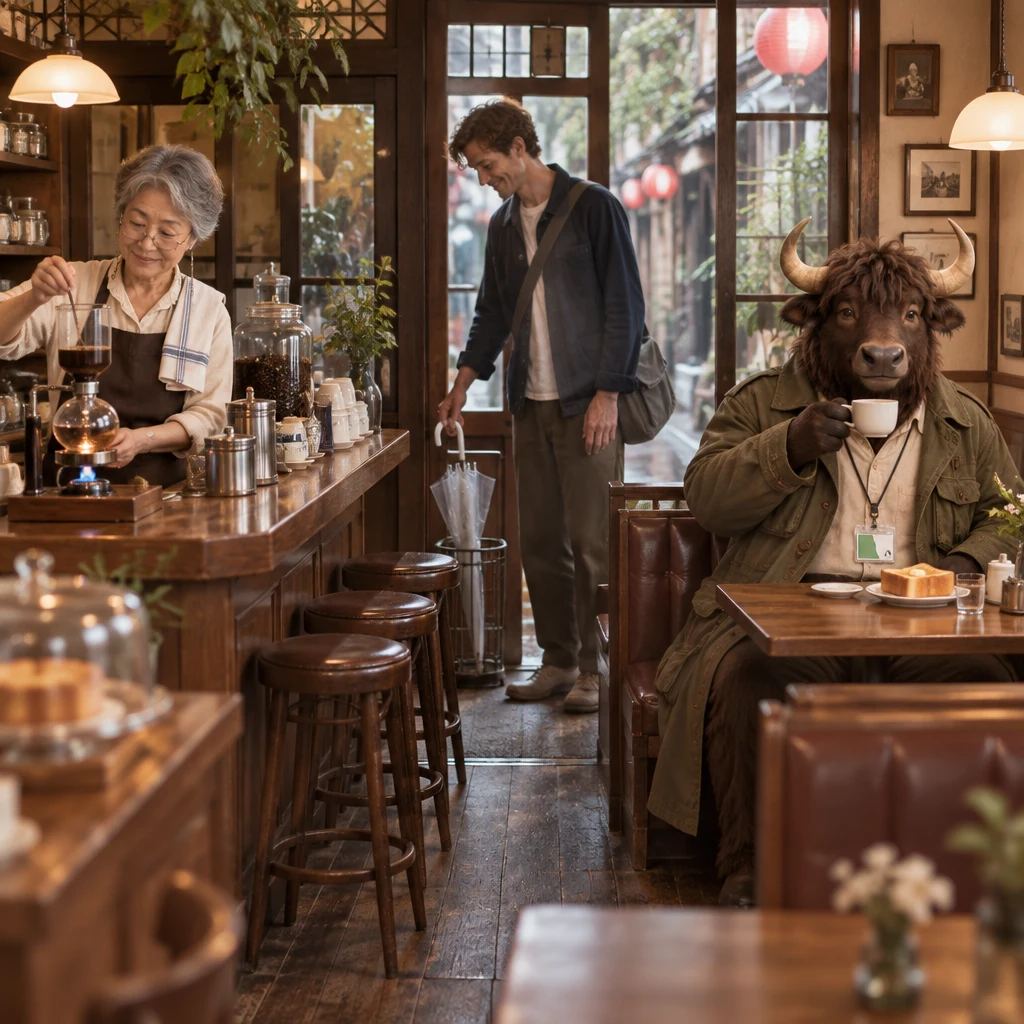 Masako works at the siphon while Leo settles in and Goro has toast and untouched coffee in the corner booth.
