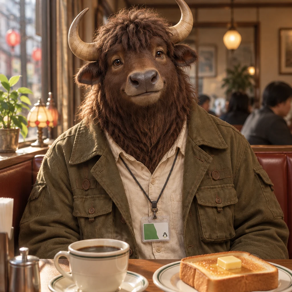Goro nods in agreement beside his toast and still-full coffee.