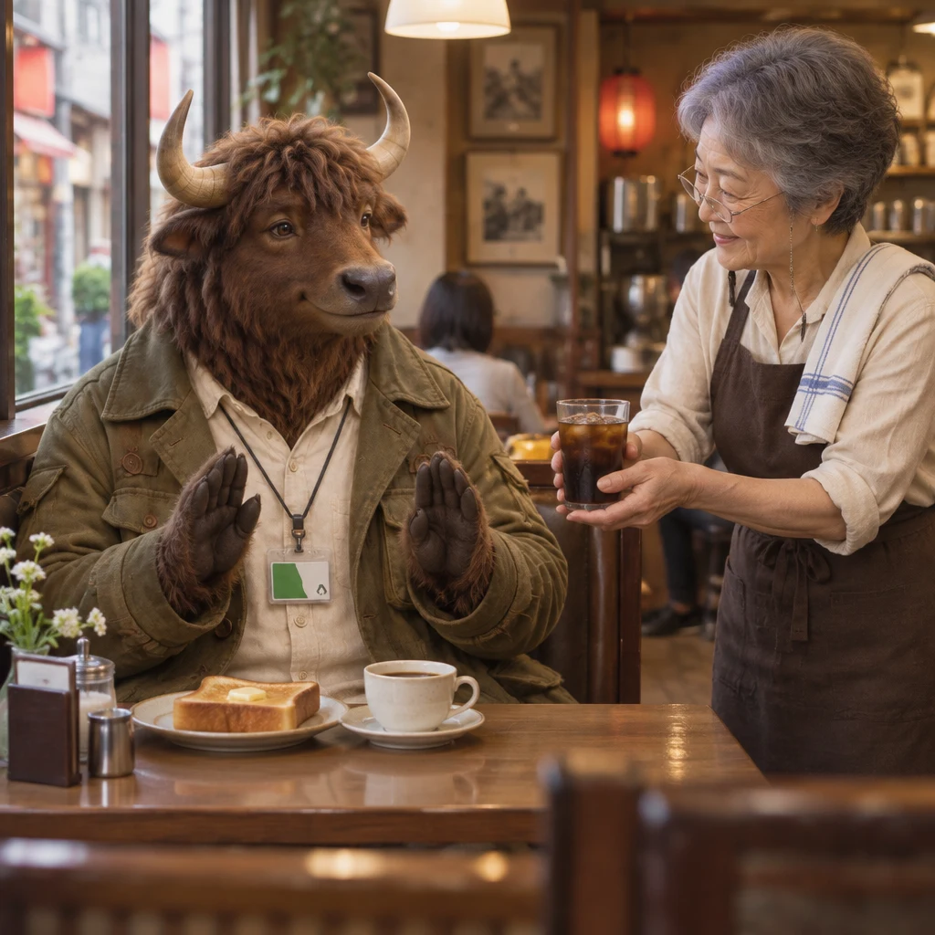Goro gently rejects Masako's suggestion of an iced coffee.
