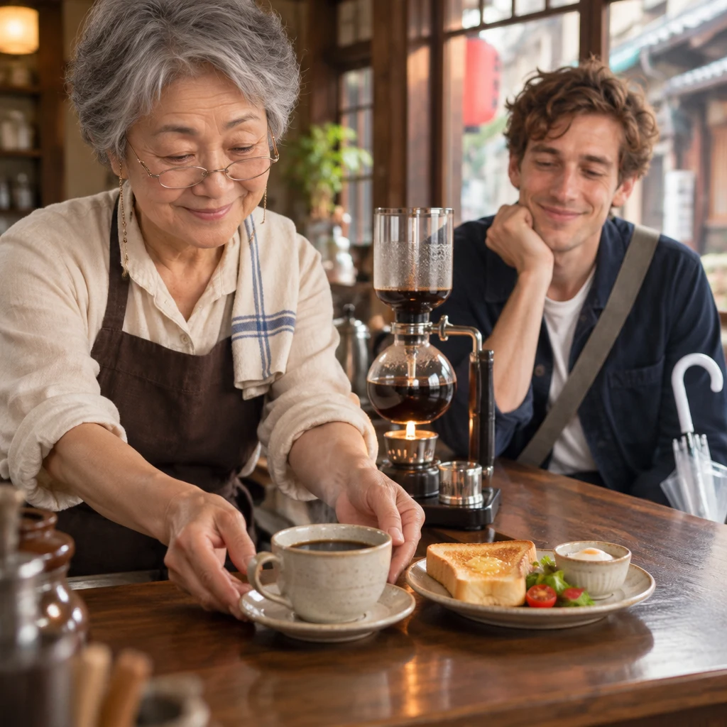 Masako presents the coffee and morning set choices to Leo at the counter.