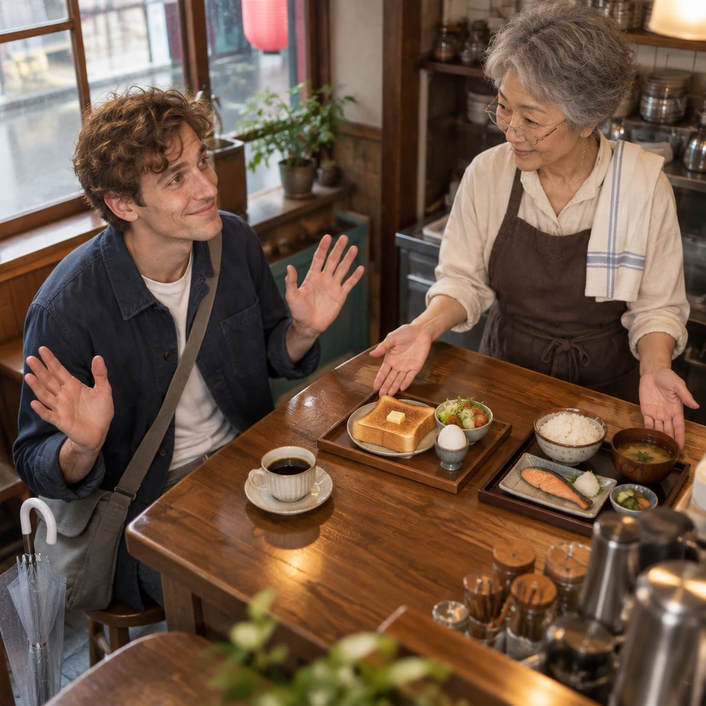Leo opens his palms toward Masako, leaving the choice to her.