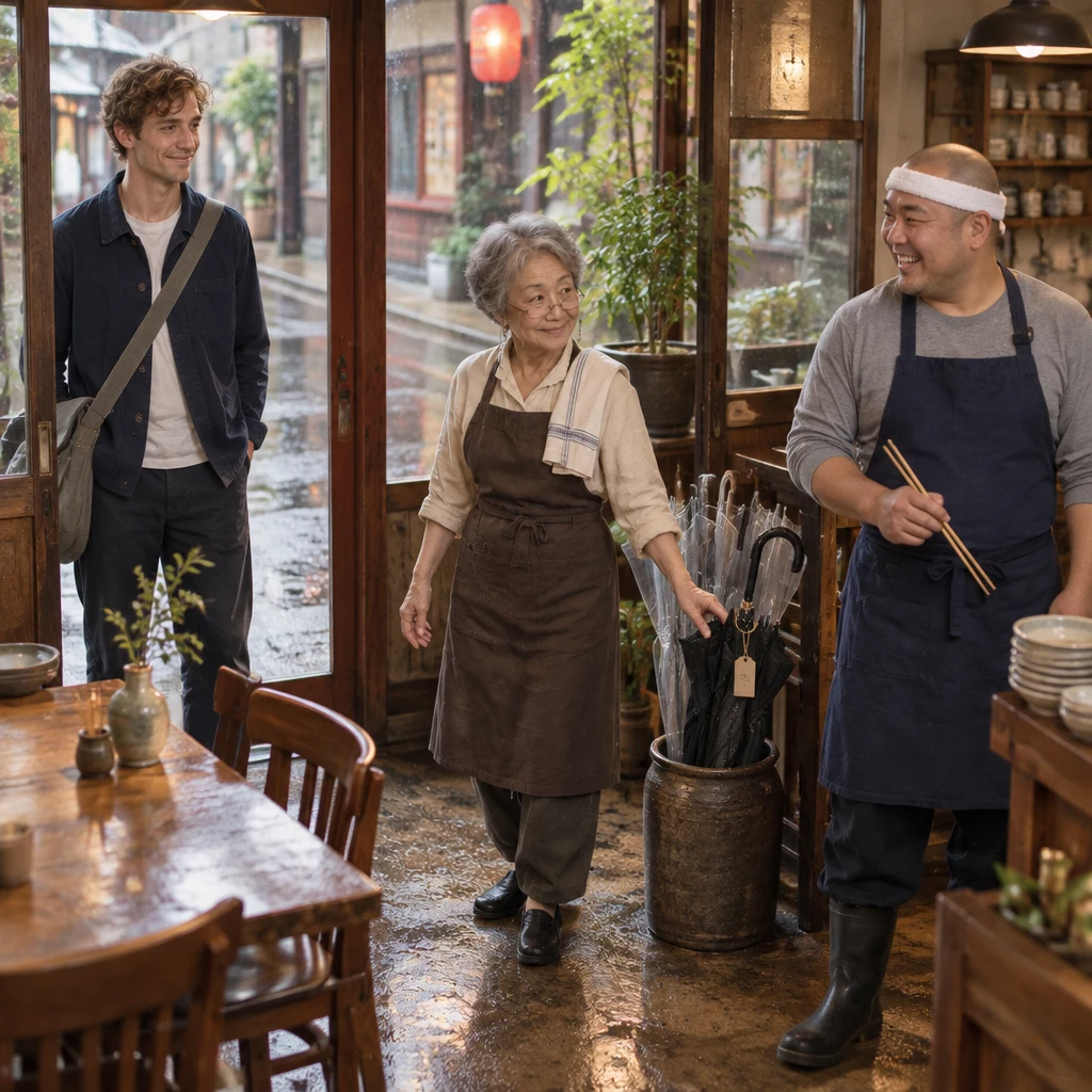 After the rain, Leo stands with empty hands as Masako steps between Kenta and the umbrella stand.